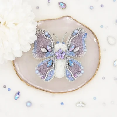 Handmade butterfly brooch pin by Fae Fancies, in blue and purple color, Dreamy collection, silk velvet, hand-embroidery, front side