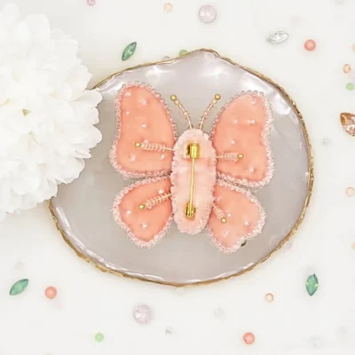 Handmade butterfly brooch pin by Fae Fancies, in peach and pink color, Dreamy collection, silk velvet, hand-embroidery, back side