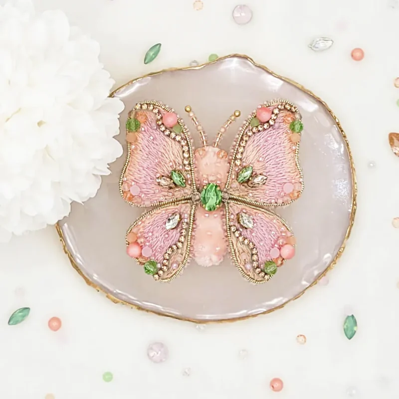 Handmade butterfly brooch pin by Fae Fancies, in peach and pink color, Dreamy collection, silk velvet, hand-embroidery, front side