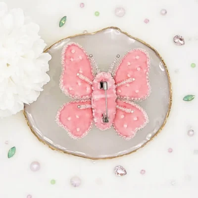 Handmade butterfly brooch pin by Fae Fancies, in pink and green color, Dreamy collection, silk velvet, hand-embroidery, back side