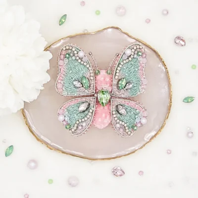 Handmade butterfly brooch pin by Fae Fancies, in pink and green color, Dreamy collection, silk velvet, hand-embroidery, front side