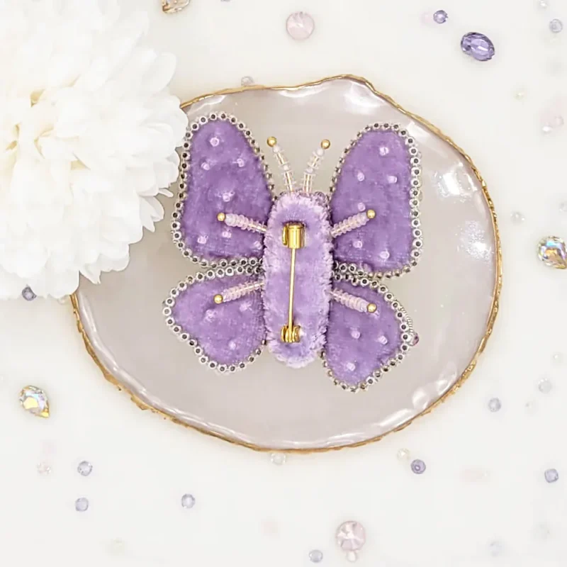 Handmade butterfly brooch pin by Fae Fancies, in purple and yellow color, Dreamy collection, silk velvet, hand-embroidery, back side