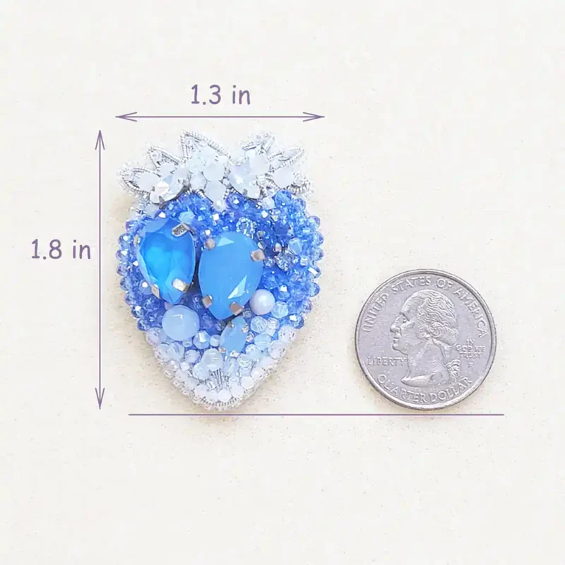 strawberry brooch by Fae Fancies in blue color, icy collection, size comparison