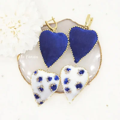 Handmade beaded heart earrings by Fae Fancies in blue and ivory color, animal print, silk velvet, Flirty Collection, product image