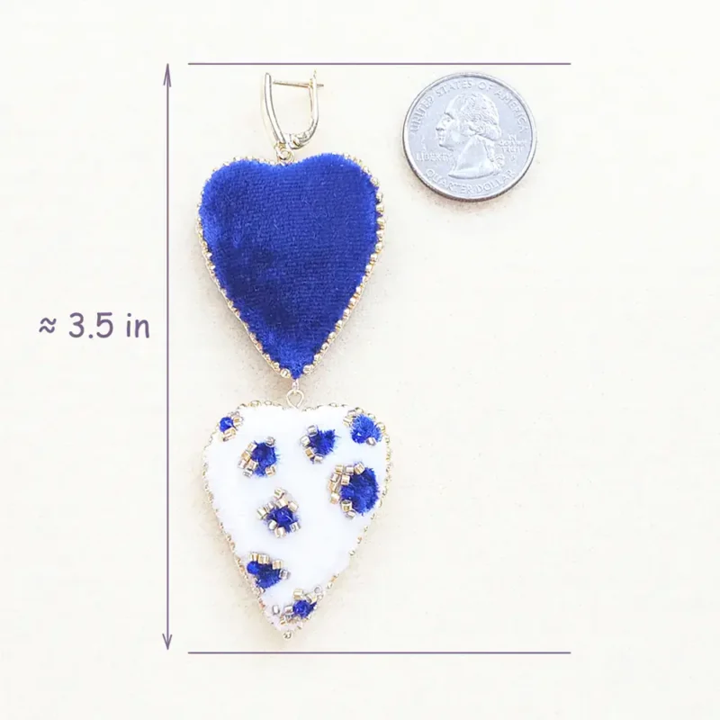 Handmade beaded heart earrings by Fae Fancies in blue and ivory color, animal print, silk velvet, Flirty Collection, size