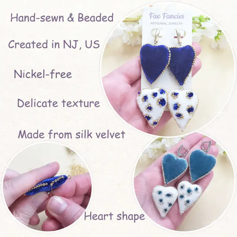 Handmade beaded heart earrings by Fae Fancies, animal print, silk velvet, Flirty Collection, info box