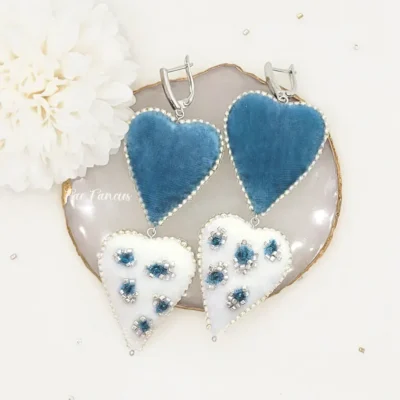 Handmade beaded heart earrings by Fae Fancies in teal and ivory color, animal print, silk velvet, Flirty Collection, product image