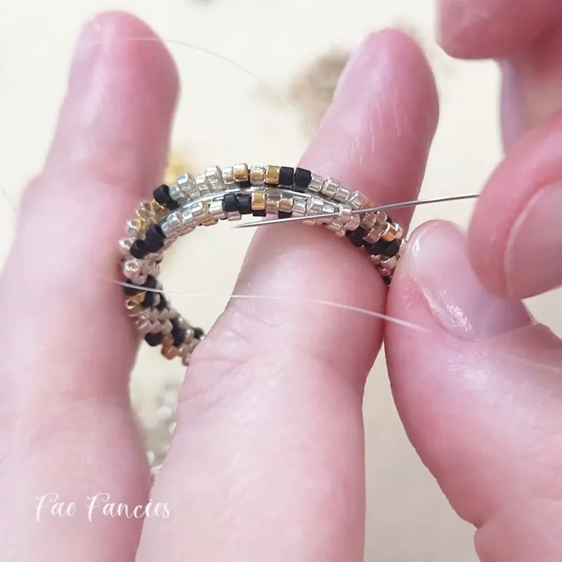 Handmade beaded hoop earrings by Fae Fancies, animal print, seed beads, creation process