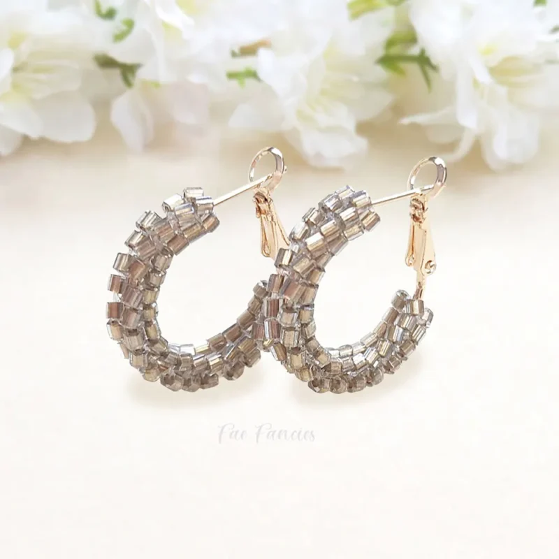 Handmade beaded hoop earrings by Fae Fancies in dark gold, 22 mm hoops, jolly collection, product image