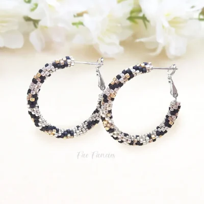 Handmade beaded hoop earrings by Fae Fancies, animal print, seed beads, product image