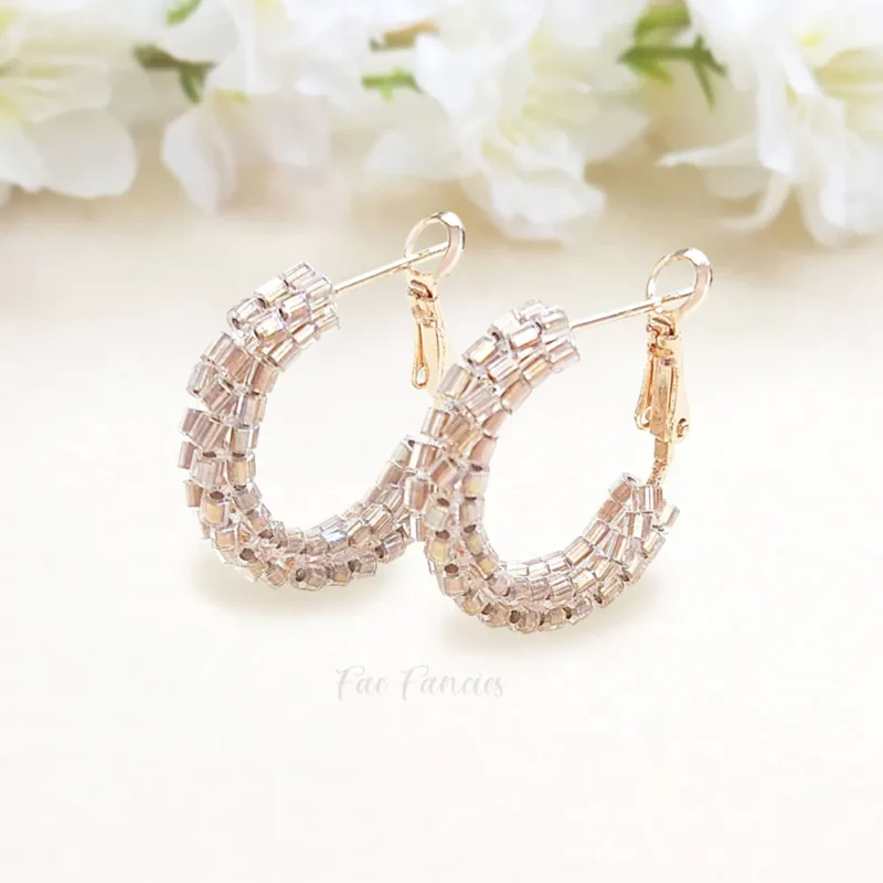 Handmade beaded hoop earrings by Fae Fancies in gold AB, 22 mm hoops, jolly collection, product image