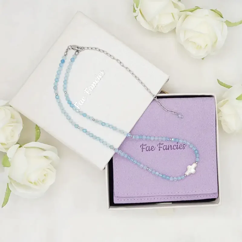 Irregular pearl and aquamarine choker necklace by Fae Fancies, Wispy Collection, packaging