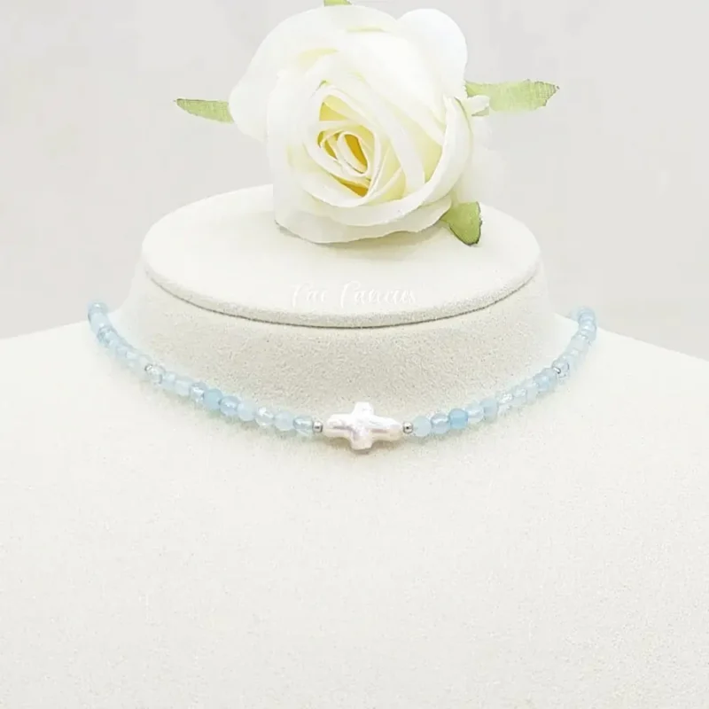 Irregular pearl and aquamarine choker necklace by Fae Fancies, Wispy Collection, display showcase