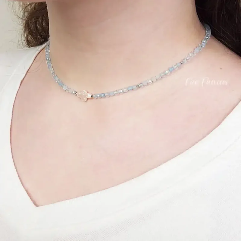 Irregular pearl and aquamarine choker necklace by Fae Fancies, Wispy Collection, model showcase