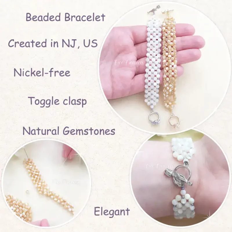 Handmade Mother of Pearl beaded bracelet by Fae Fancies, Radiant Collection, natural gemstones, info box