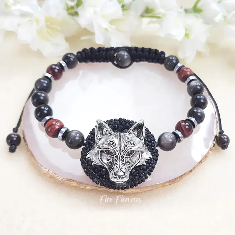 Handmade beaded wolf bracelet by Fae Fancies, natural gemstones, silver sheen obsidian, red tiger eye, adjustable sliding knot, Mystic Collection, product image