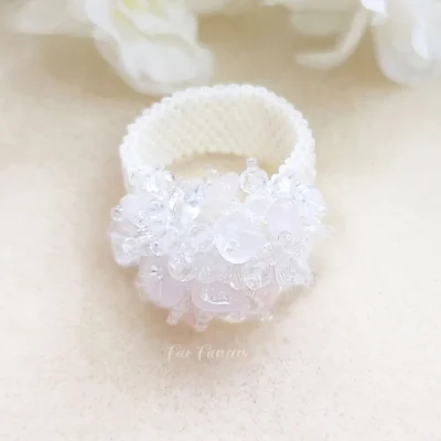 handmade beaded ring with natural gemstones, premium Japanese seed beads and faceted glass beads by Fae Fancies, Frilly Collection, rose quartz and clear quartz, product image