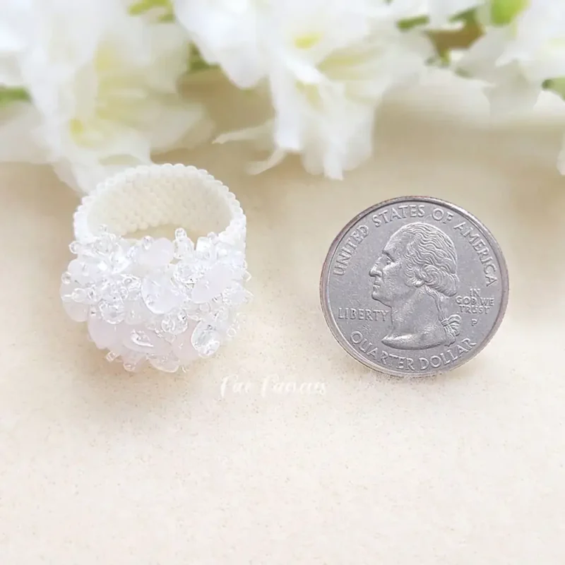 handmade beaded ring with natural gemstones, premium Japanese seed beads and faceted glass beads by Fae Fancies, Frilly Collection, rose quartz and clear quartz, size