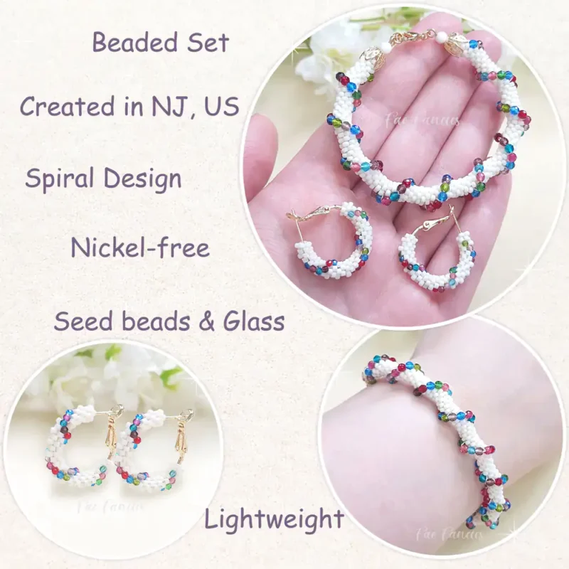 Handmade beaded hoop earrings and bracelet set by Fae Fancies, white color with multicolored glass beads weaved around, Spiral Collection, info box